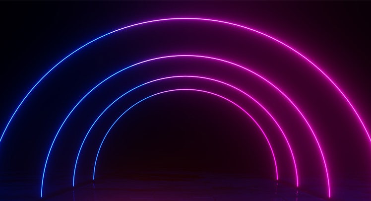 A blue and pink neon arch on a black background.